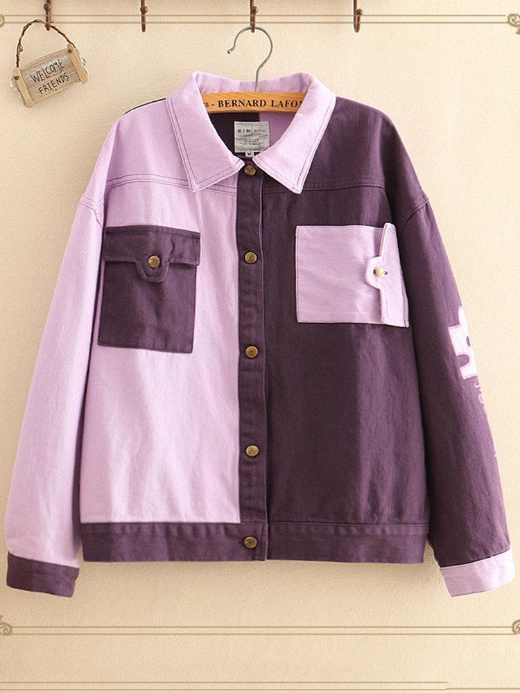 Patchwork Turn-down Collar Button Coats