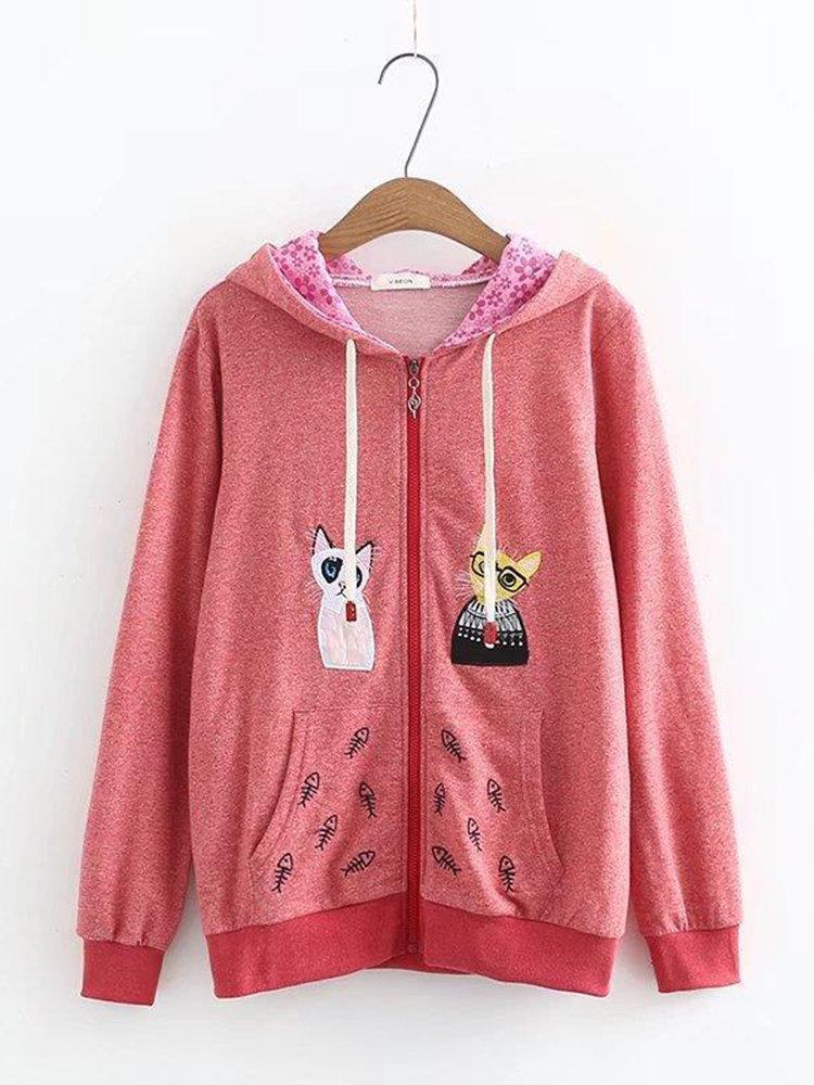 Women Cartoon Embroidered Hooded Long Sleeve Sweatshirts