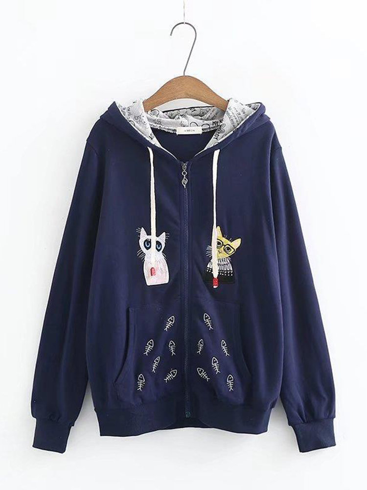 Women Cartoon Embroidered Hooded Long Sleeve Sweatshirts