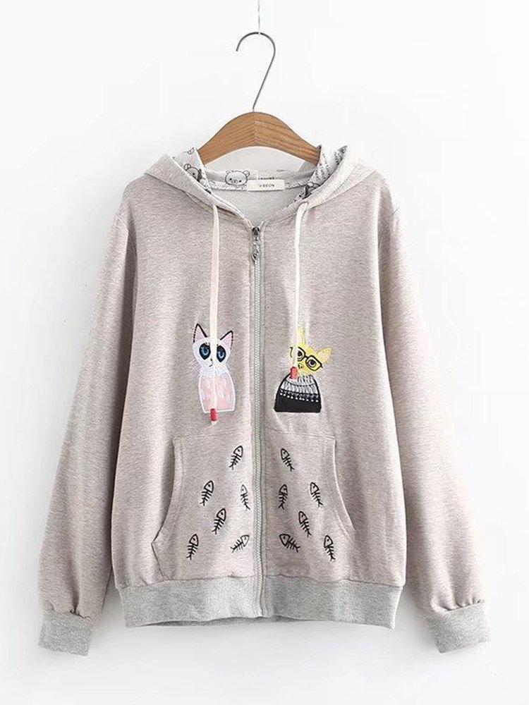 Women Cartoon Embroidered Hooded Long Sleeve Sweatshirts