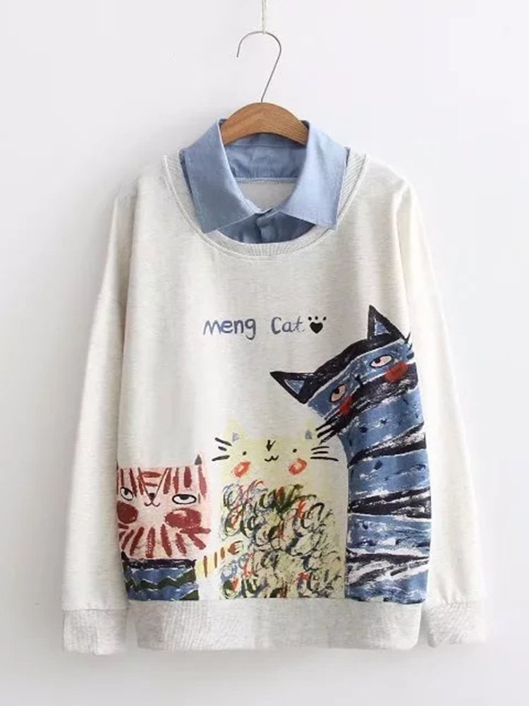 Women Cats Printed Fake Two Pieces Casual Sweatshirts