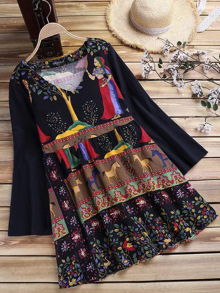 Ethnic Print Patchwork Horn Sleeve V-neck Blouses For Women