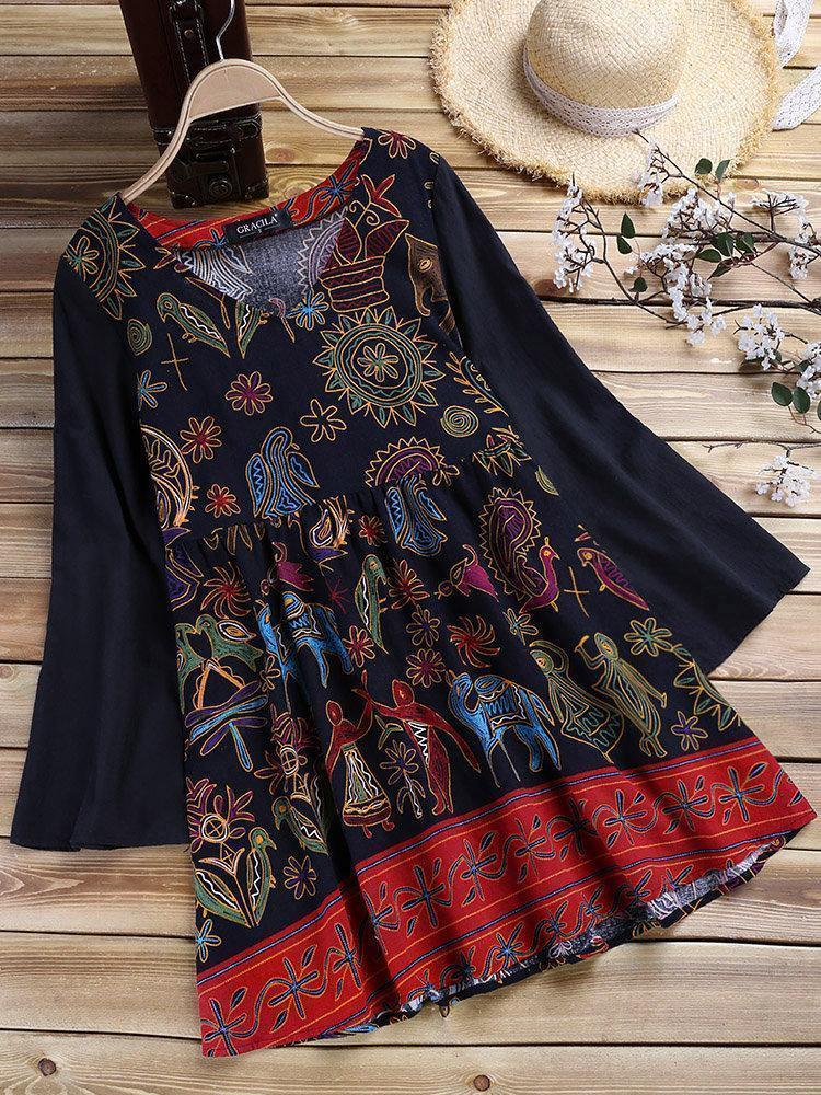 Ethnic Print Patchwork Horn Sleeve V-neck Blouses For Women