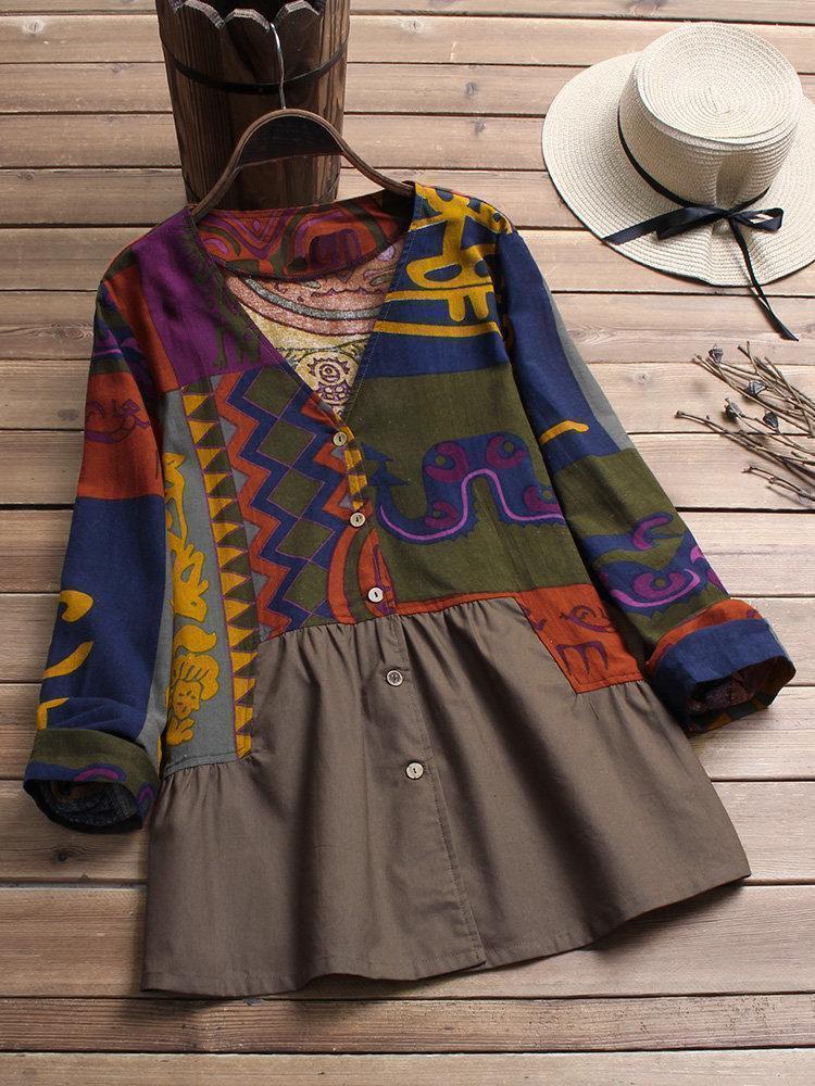 Vintage Patchwork Print V Neck Shirt