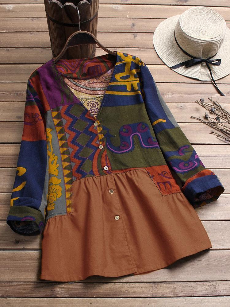 Vintage Patchwork Print V Neck Shirt