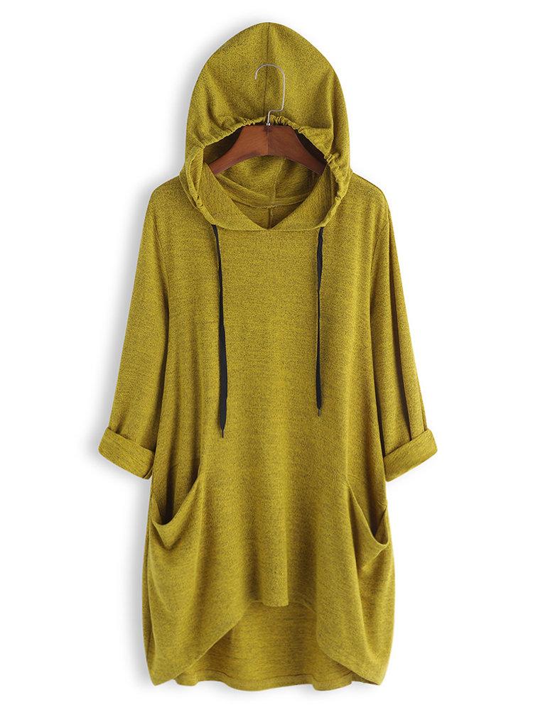 Casual Solid Color Side Pocket Hooded Irregular Shirt