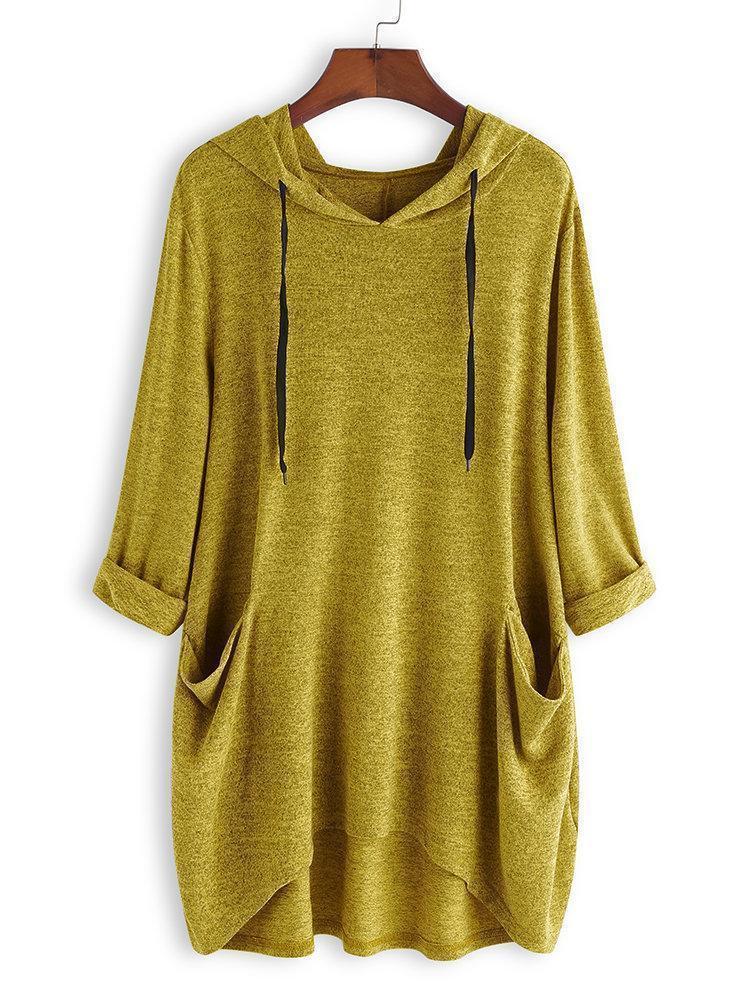 Casual Solid Color Side Pocket Hooded Irregular Shirt