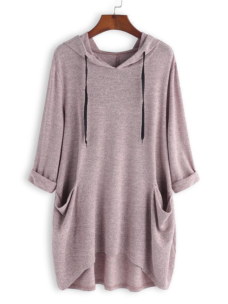 Casual Solid Color Side Pocket Hooded Irregular Shirt