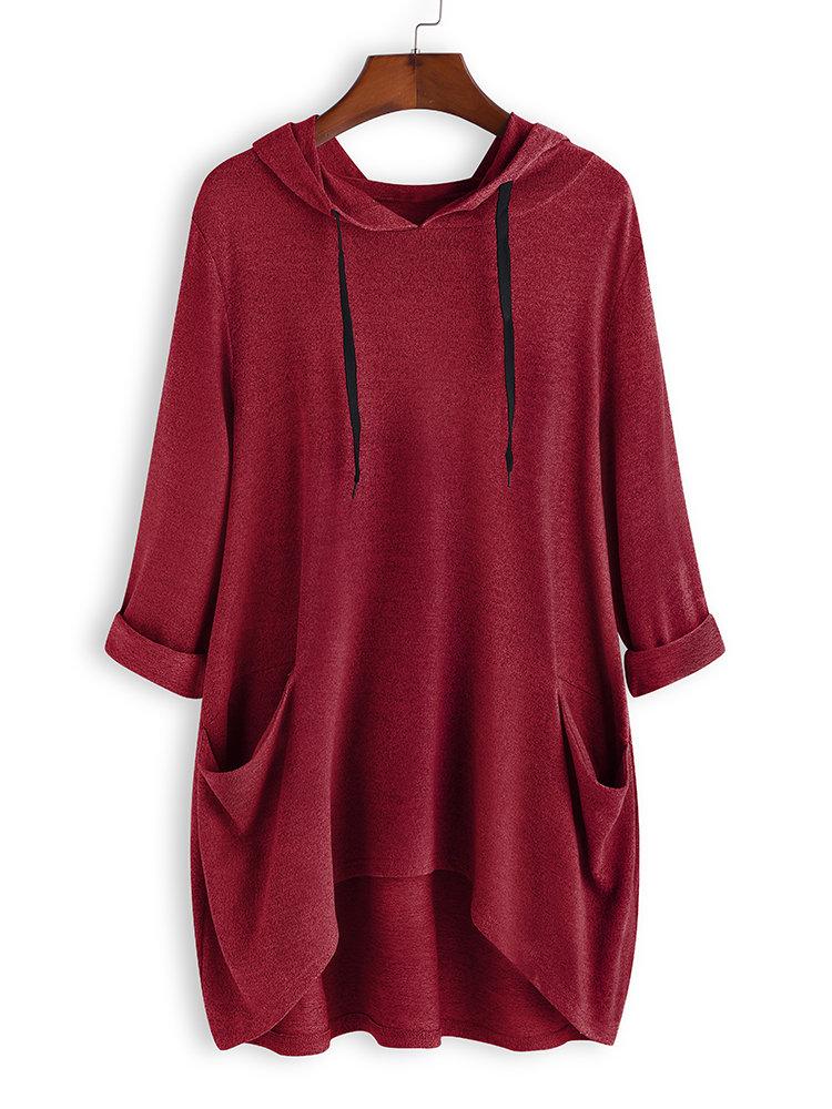 Casual Solid Color Side Pocket Hooded Irregular Shirt