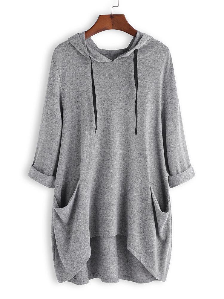 Casual Solid Color Side Pocket Hooded Irregular Shirt