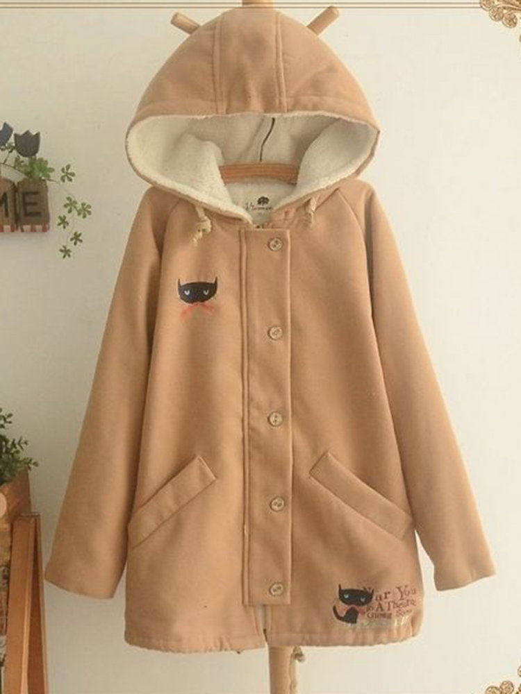 Cat Embroidered Hooded Thick Long Sleeve Casual Coat