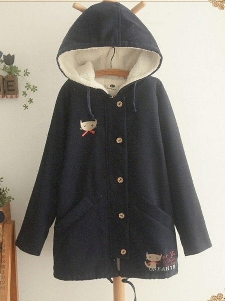 Cat Embroidered Hooded Thick Long Sleeve Casual Coat