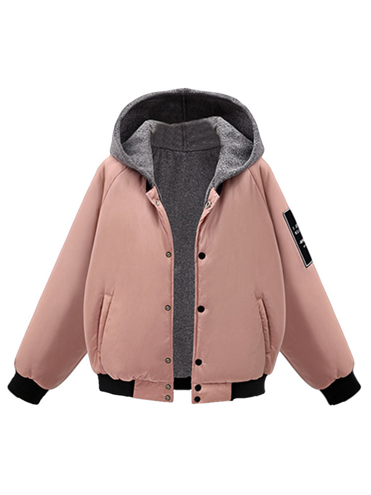 Casual Letter Print Patchwork Hooded Women Padded Coats