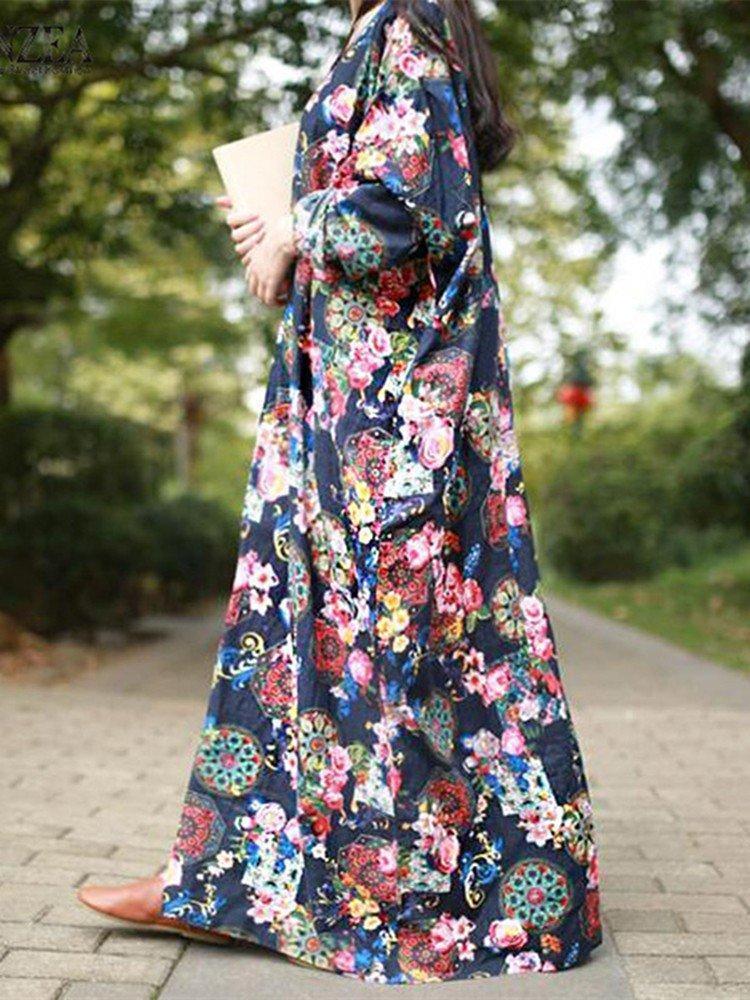 Vintage Women Long Sleeve Floral Printed Loose Long Maxi Dresses