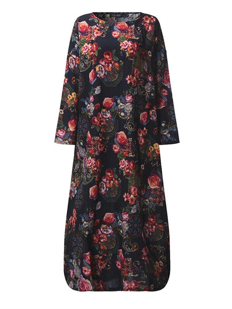 Vintage Women Long Sleeve Floral Printed Loose Long Maxi Dresses