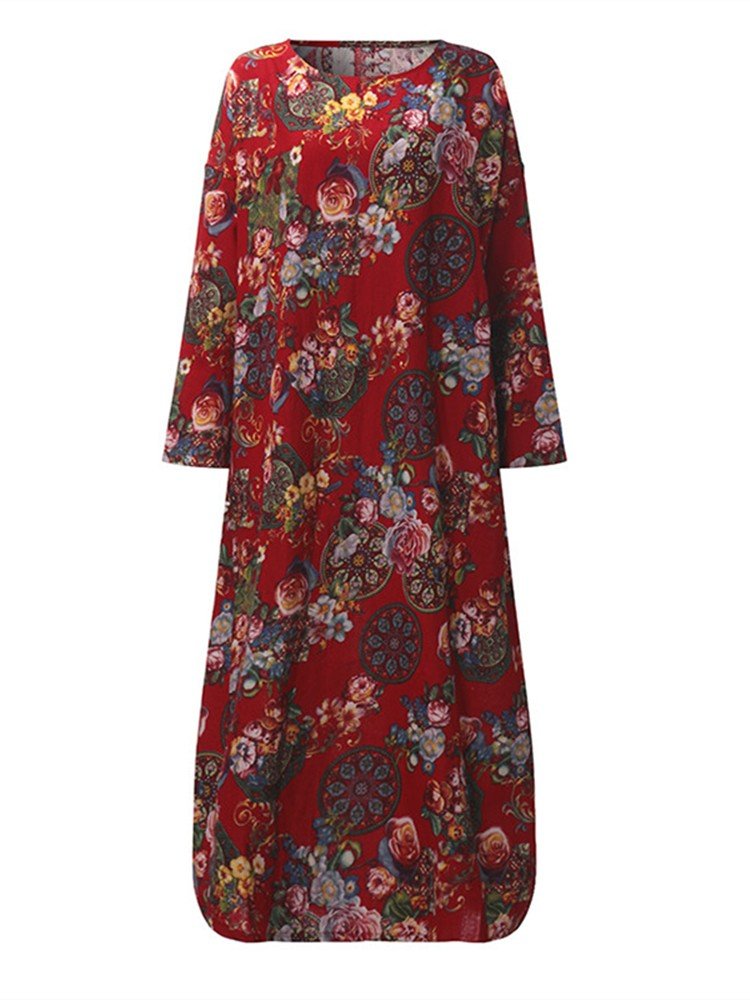 Vintage Women Long Sleeve Floral Printed Loose Long Maxi Dresses