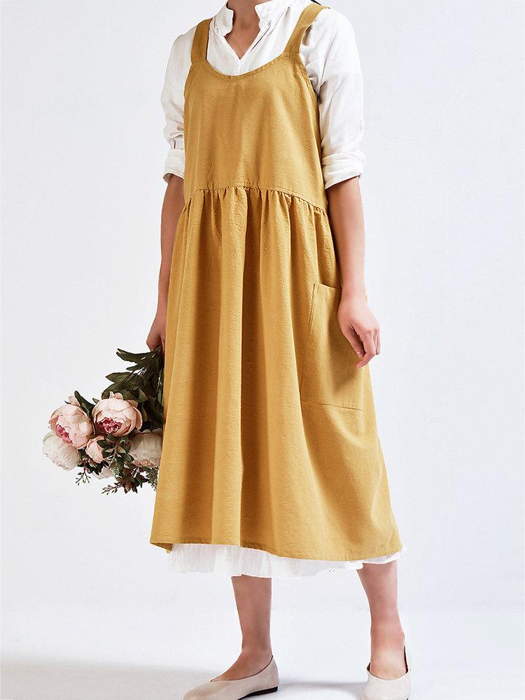 Vintage Solid Color Side Pocket Spaghetti Strap Cotton Dress