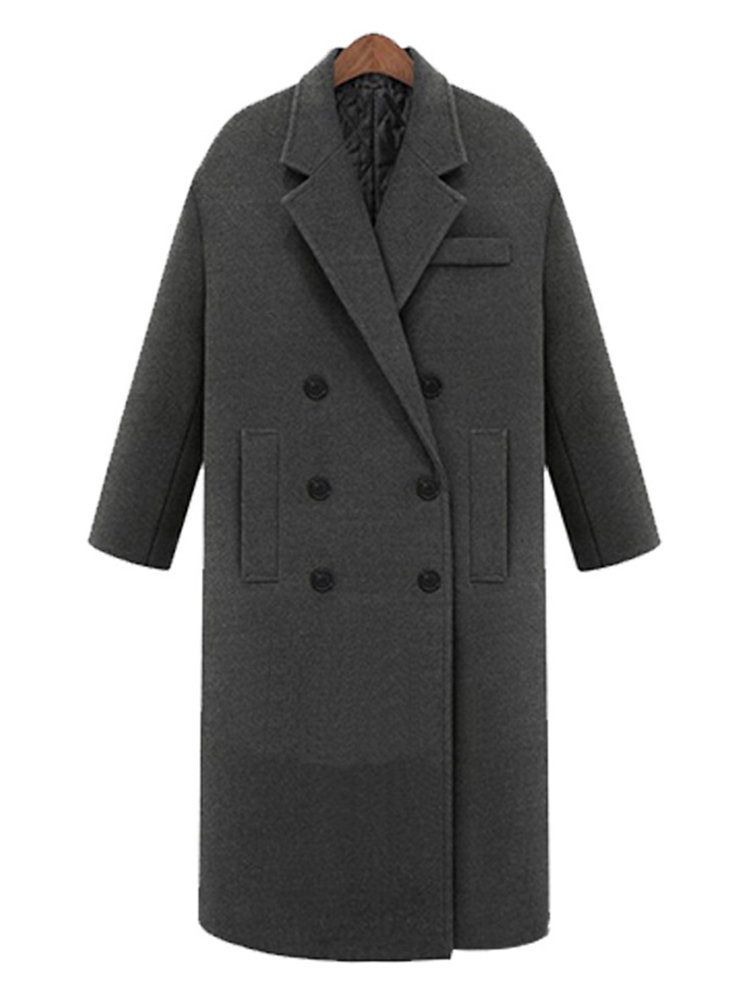 Solid Color Autumn Winter Notch Collar Long Sleeve Straight Coat