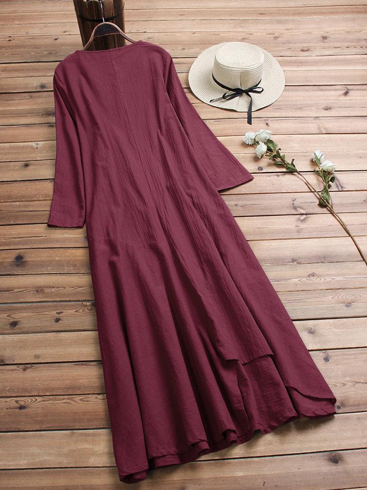 Women Vintage Cotton Tunic Baggy Long Sleeve Maxi Dress