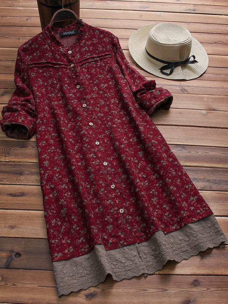 Embroidered Floral Print Patchwork Long Sleeve Vintage Dresses