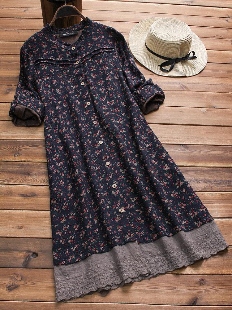 Embroidered Floral Print Patchwork Long Sleeve Vintage Dresses