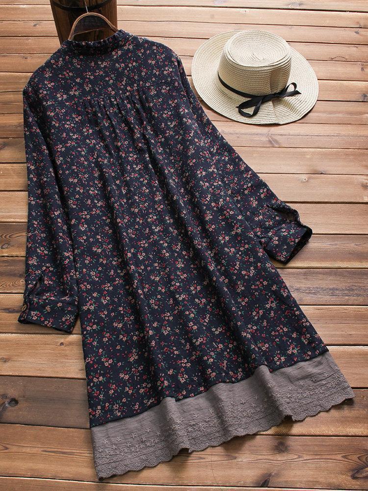 Embroidered Floral Print Patchwork Long Sleeve Vintage Dresses