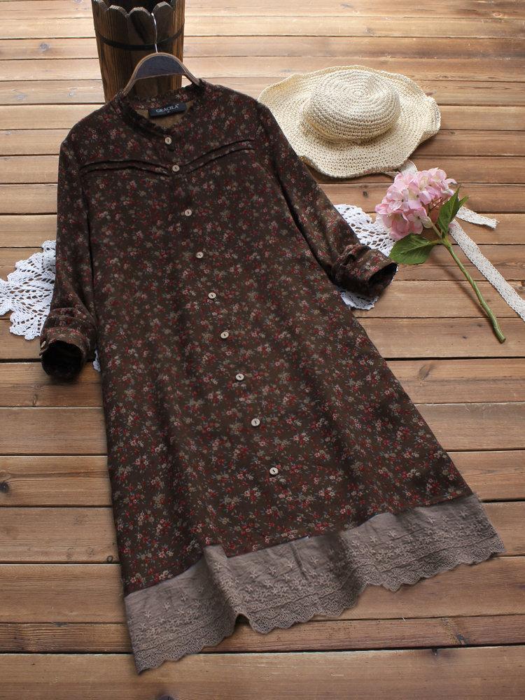 Embroidered Floral Print Patchwork Long Sleeve Vintage Dresses