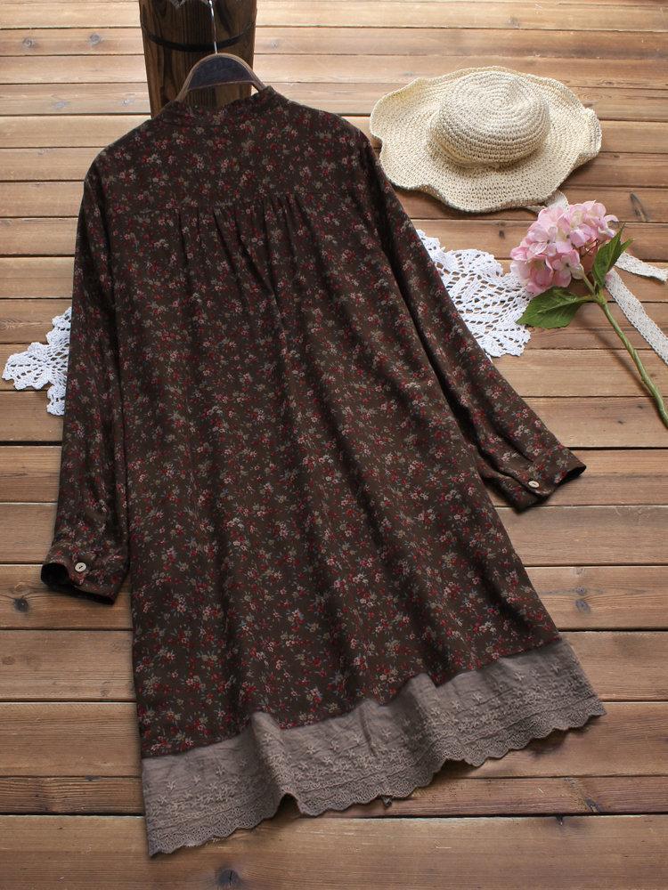 Embroidered Floral Print Patchwork Long Sleeve Vintage Dresses