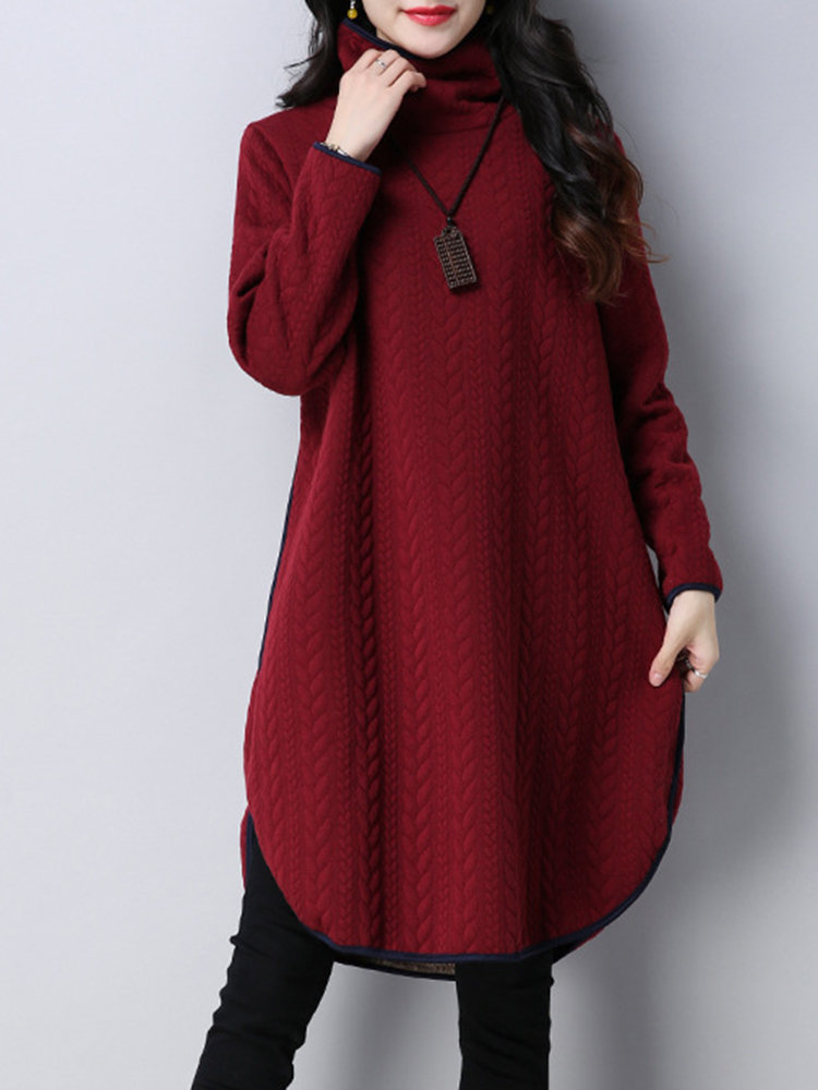 Side Splited Solid Color Thick Turtleneck Vintage Dress