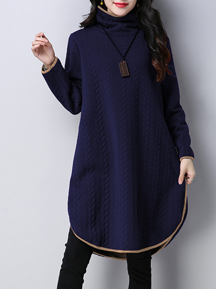 Side Splited Solid Color Thick Turtleneck Vintage Dress