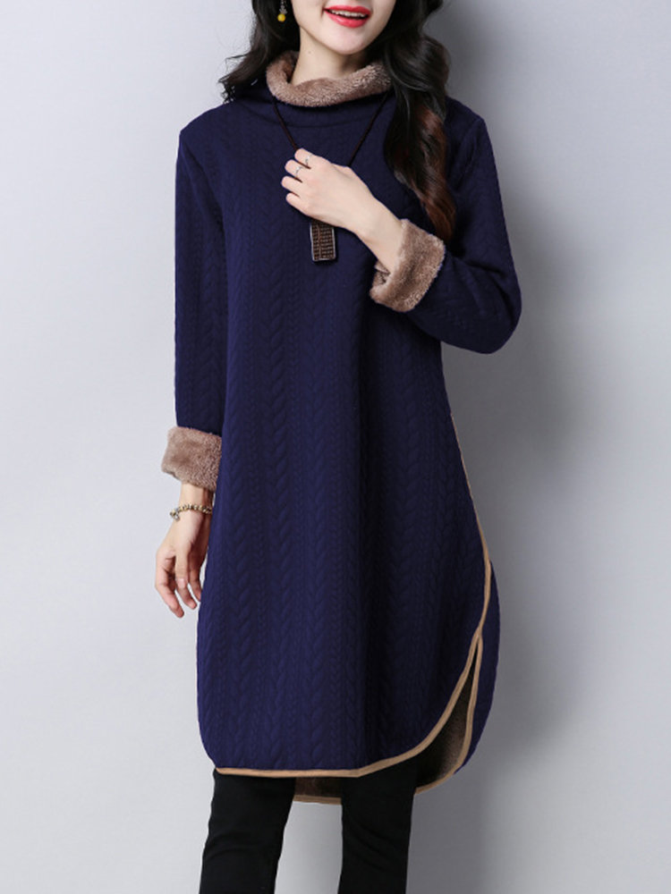 Side Splited Solid Color Thick Turtleneck Vintage Dress