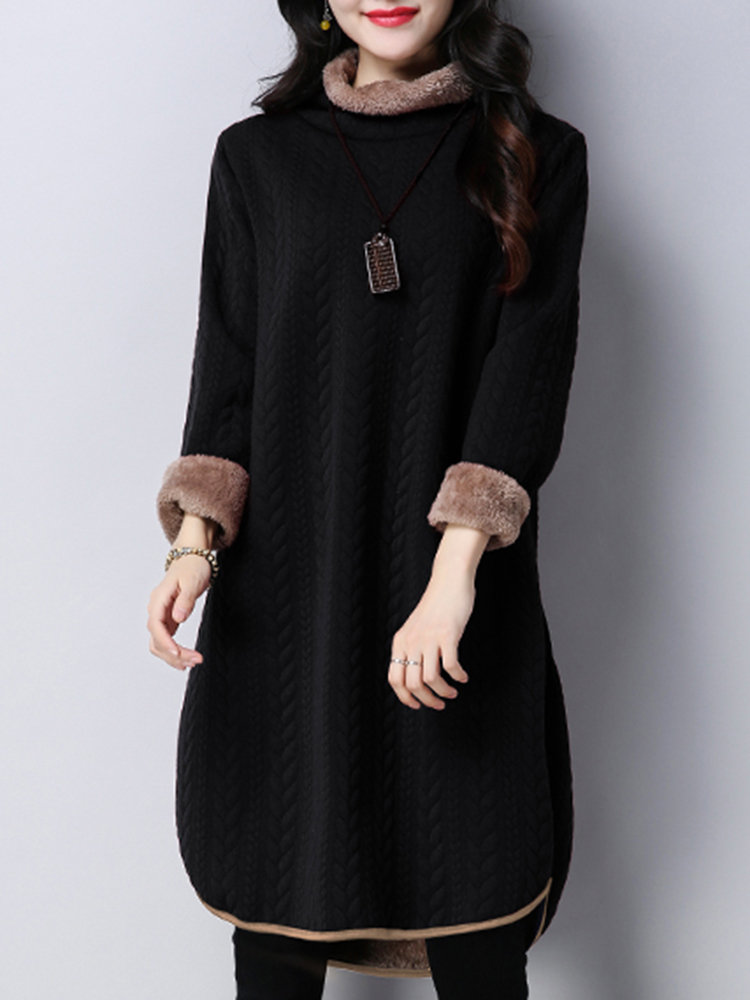 Side Splited Solid Color Thick Turtleneck Vintage Dress