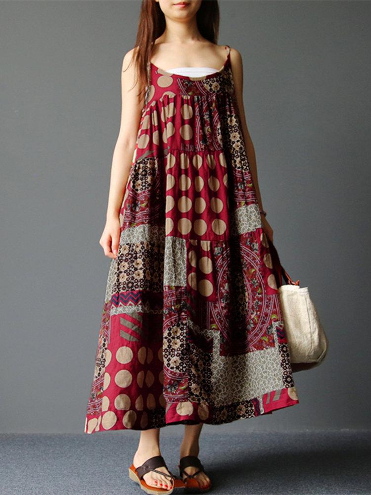 Bohemian Spaghetti Strap Printed Vintage Long Maxi Dresses