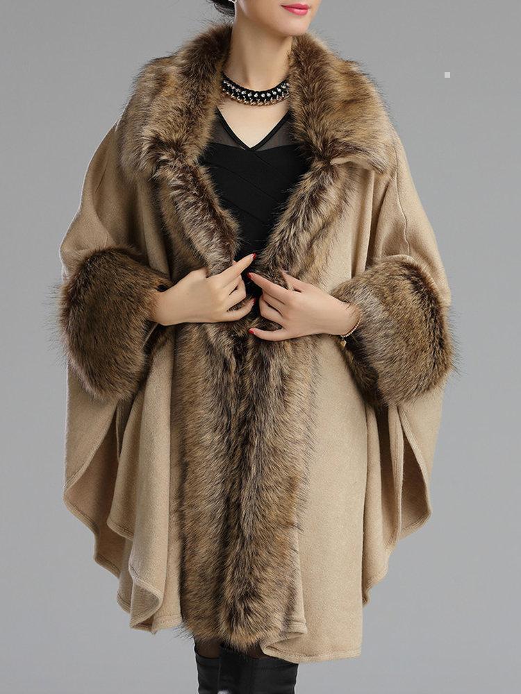 Faux Fur Collar Batwing Sleeve Knitted Shawl Cloak Coats For Women