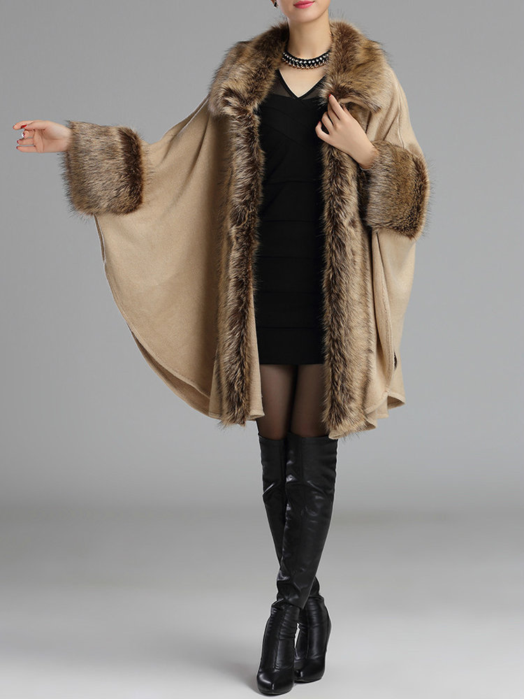 Faux Fur Collar Batwing Sleeve Knitted Shawl Cloak Coats For Women