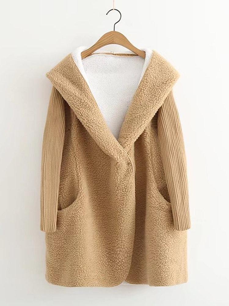 Casual Pure Color Hooded Patchwork Long Sleeve Women Plush Coats