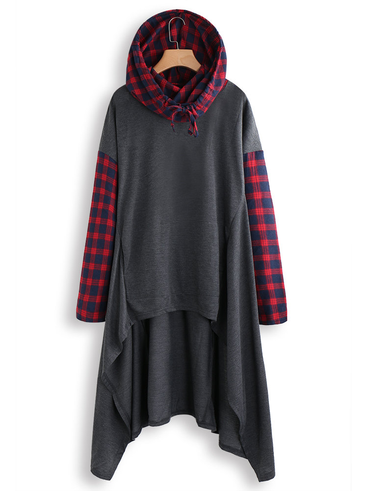 Plaid Print Patchwork Pile Collar Long Sleeve Hoodie