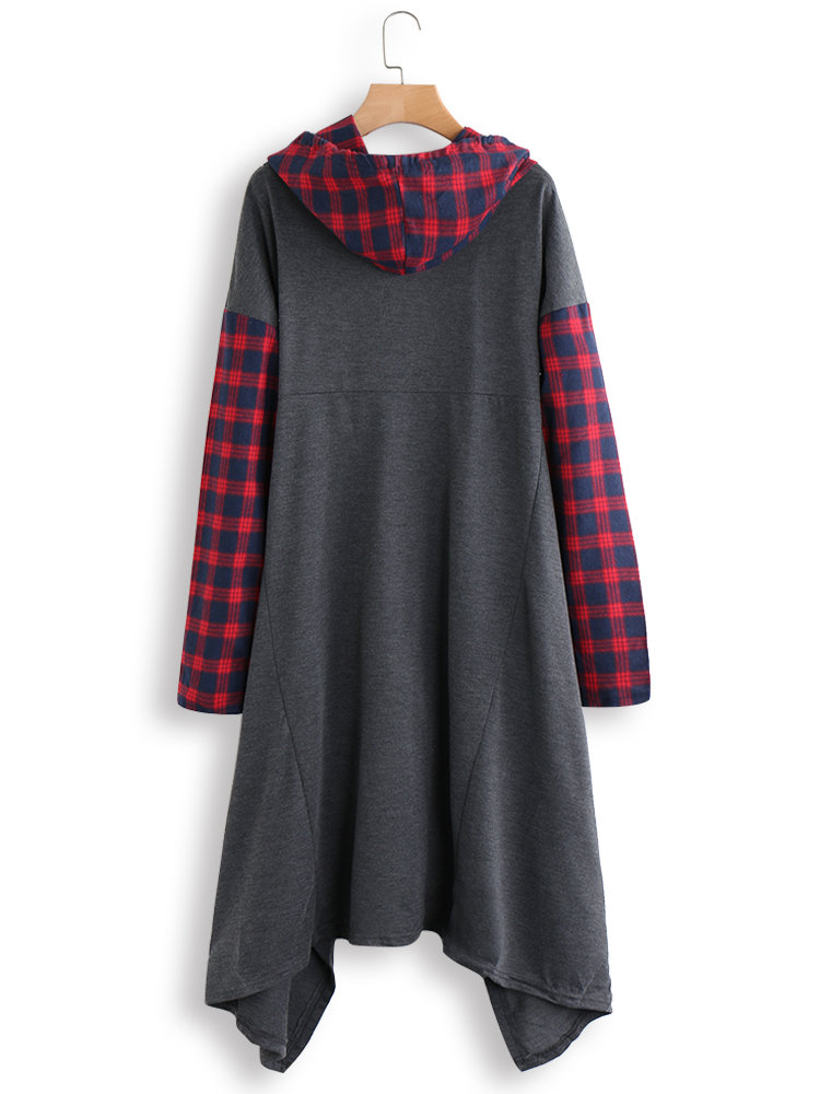 Plaid Print Patchwork Pile Collar Long Sleeve Hoodie