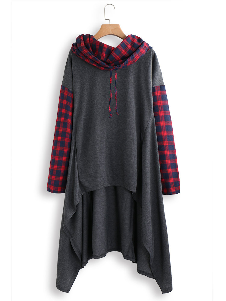 Plaid Print Patchwork Pile Collar Long Sleeve Hoodie