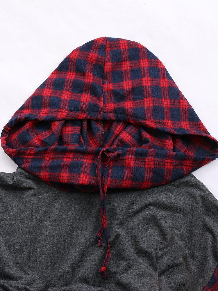 Plaid Print Patchwork Pile Collar Long Sleeve Hoodie