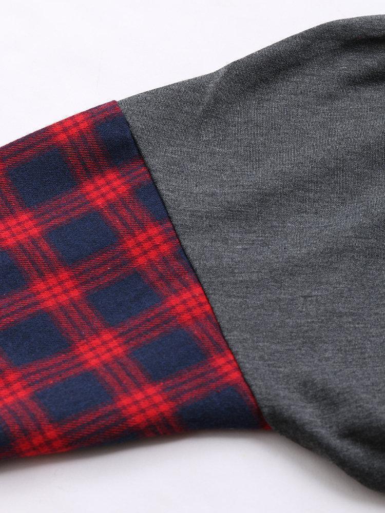 Plaid Print Patchwork Pile Collar Long Sleeve Hoodie