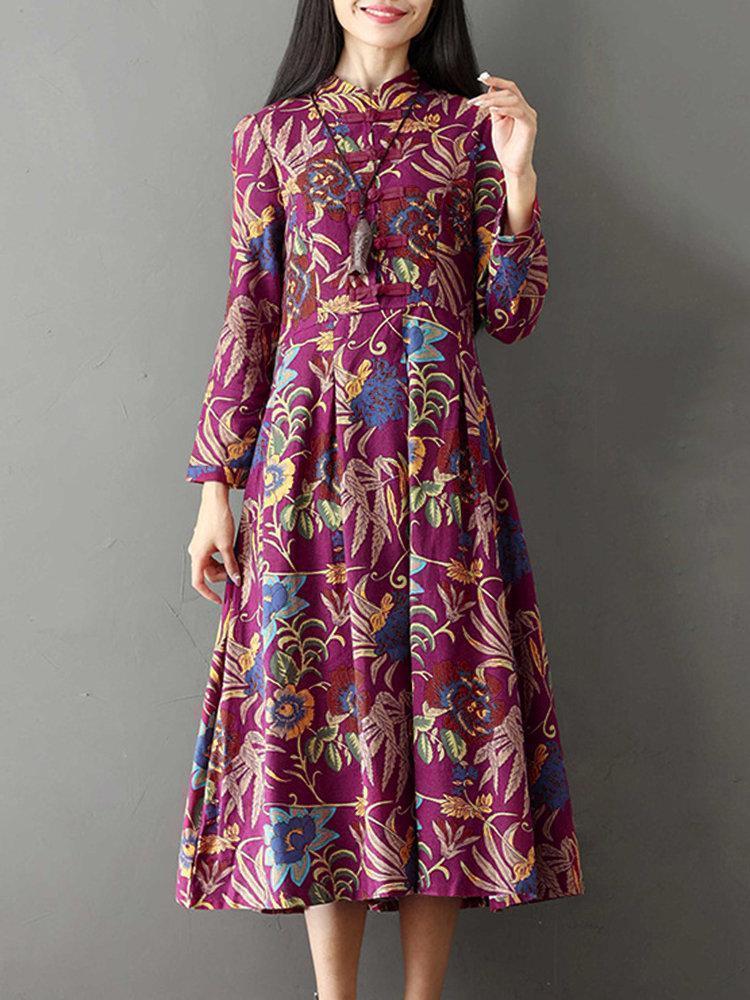 Vintage Women Printed Stand Collar Long Sleeve Dresses