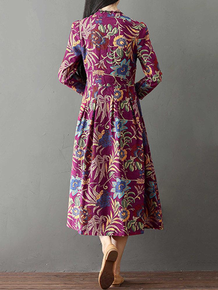 Vintage Women Printed Stand Collar Long Sleeve Dresses