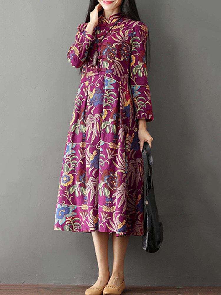 Vintage Women Printed Stand Collar Long Sleeve Dresses