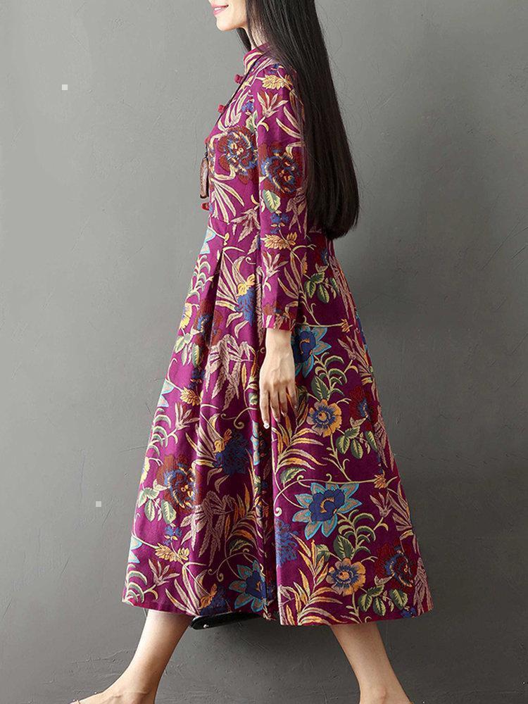 Vintage Women Printed Stand Collar Long Sleeve Dresses