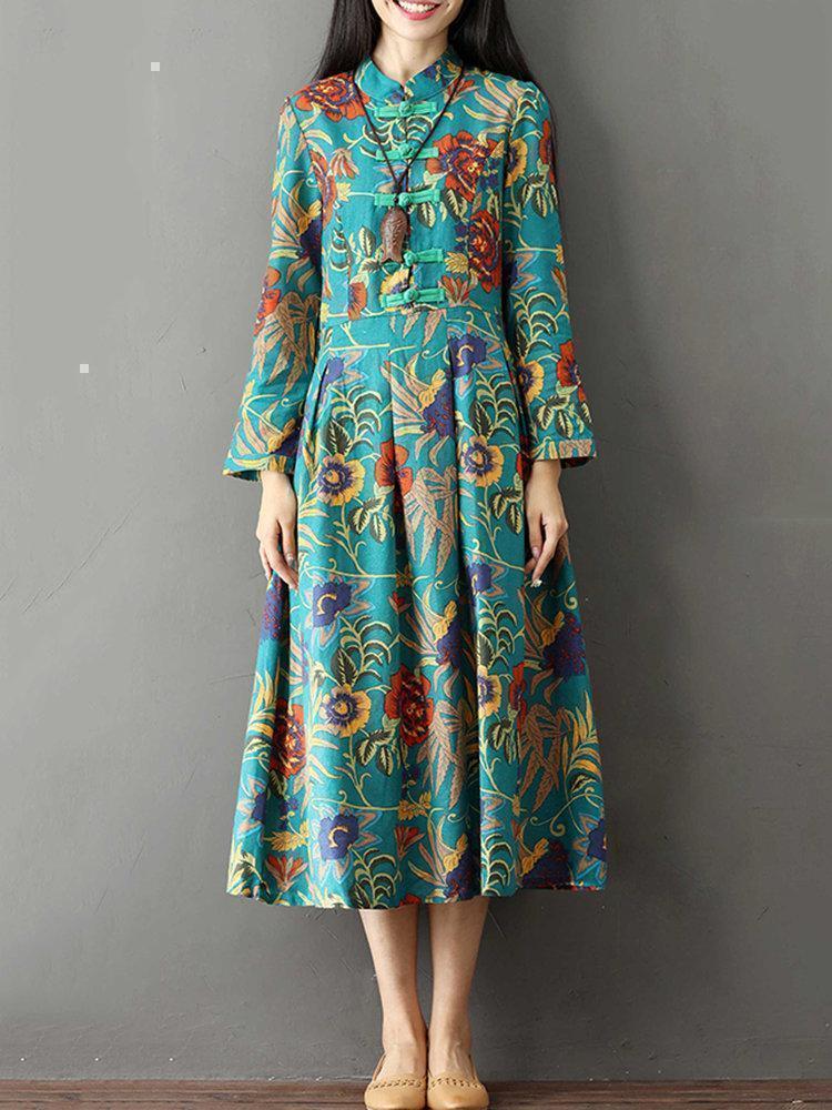 Vintage Women Printed Stand Collar Long Sleeve Dresses