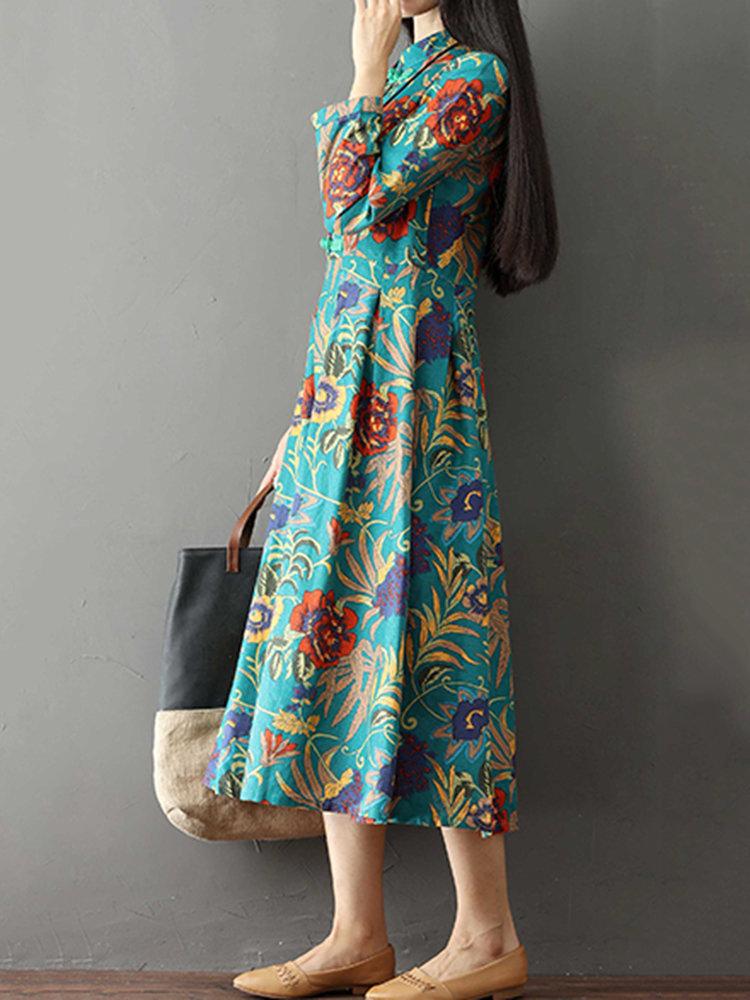 Vintage Women Printed Stand Collar Long Sleeve Dresses