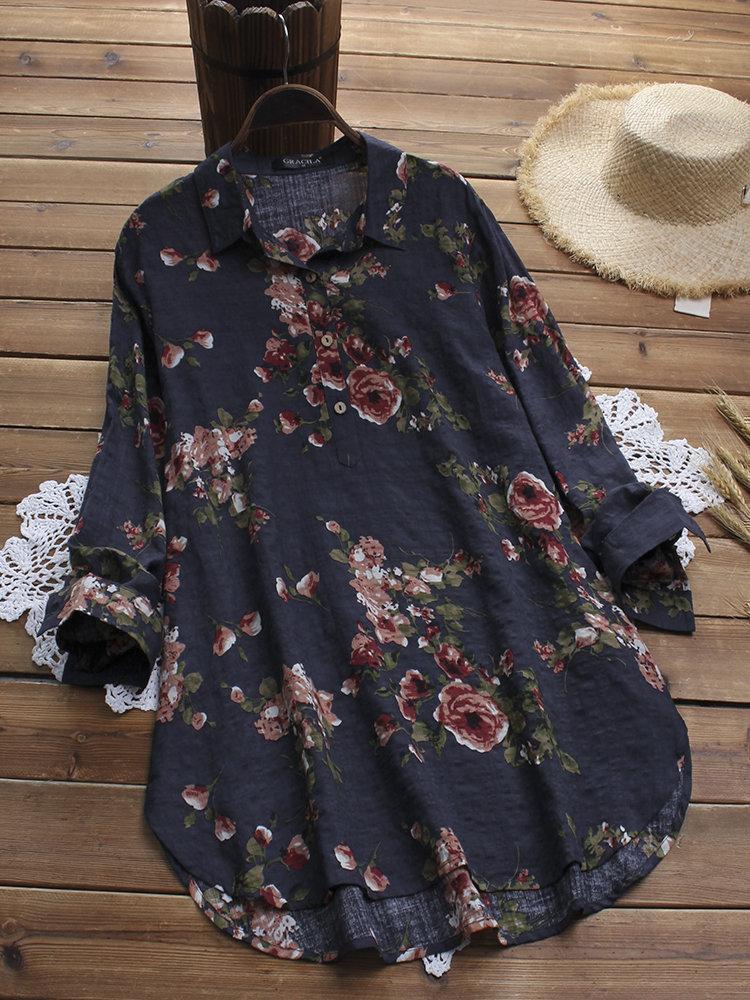 Floral Print Loose Irregular Hem Long Sleeve Casual Blouses