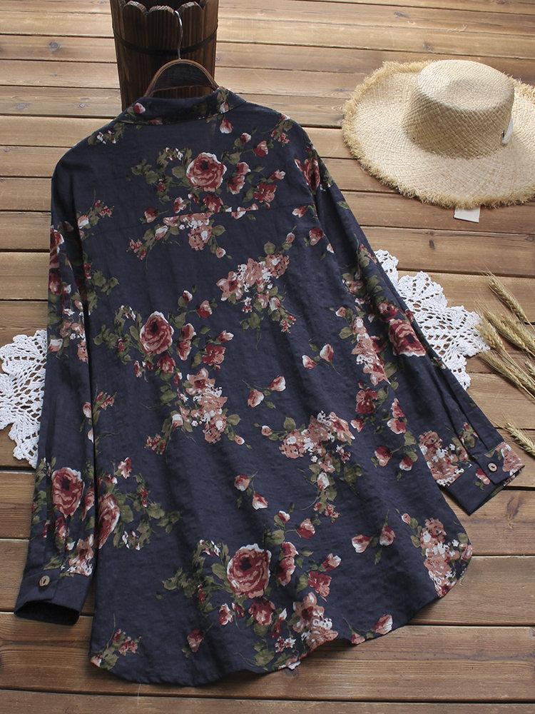 Floral Print Loose Irregular Hem Long Sleeve Casual Blouses