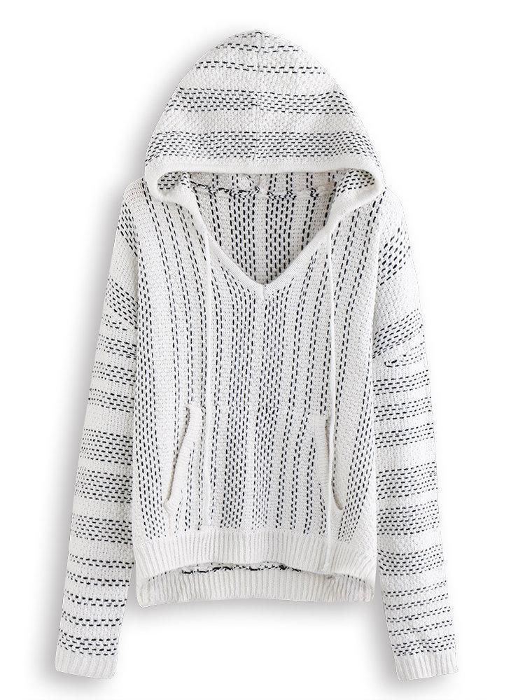 Casual Striped V-neck Knit Drawstring Long Sleeve Hooded Sweatshirt